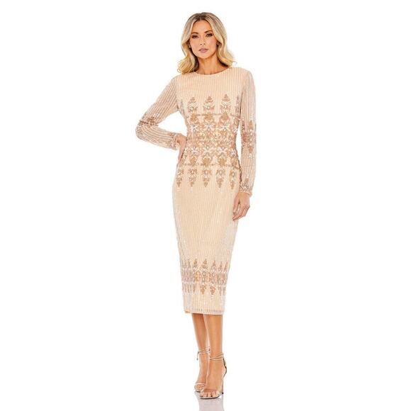 Mac Duggal 5576 Bead & Sequin Long Sleeve Sheath Gown Peach Size 4 NWT - Picture 1 of 16